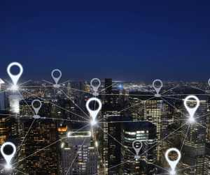 City With Buildings and GPS Marks That Show Mass Notification Emergency Alert Range Using Geo-Targeting.