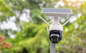 solar cells panel with security camera being protected by HQE systems and their integrated technology.