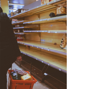 Grocery store with food shortage due to polycrisis that has happened.