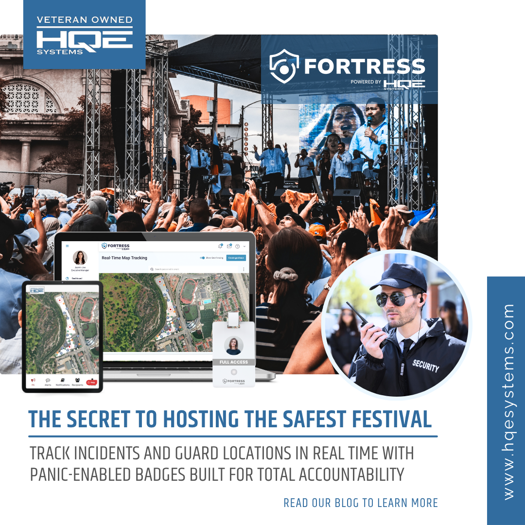The secret to hosting the safest festival, is HQE Systems, and their technology FORTRESS. FORTRESS Badges are used for location based tracking of guest and or security personal. It can also be used to track break times and track hours of work time, it also has a panic button feature.