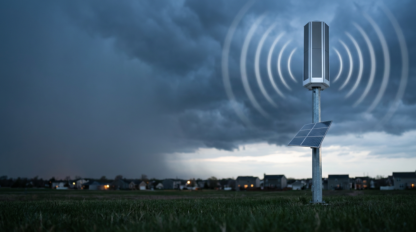 A pole-mounted outdoor warning siren silhouetted against a stormy twilight sky with a distant tornado, with faint sound waves radiating over a dark, powerless town.