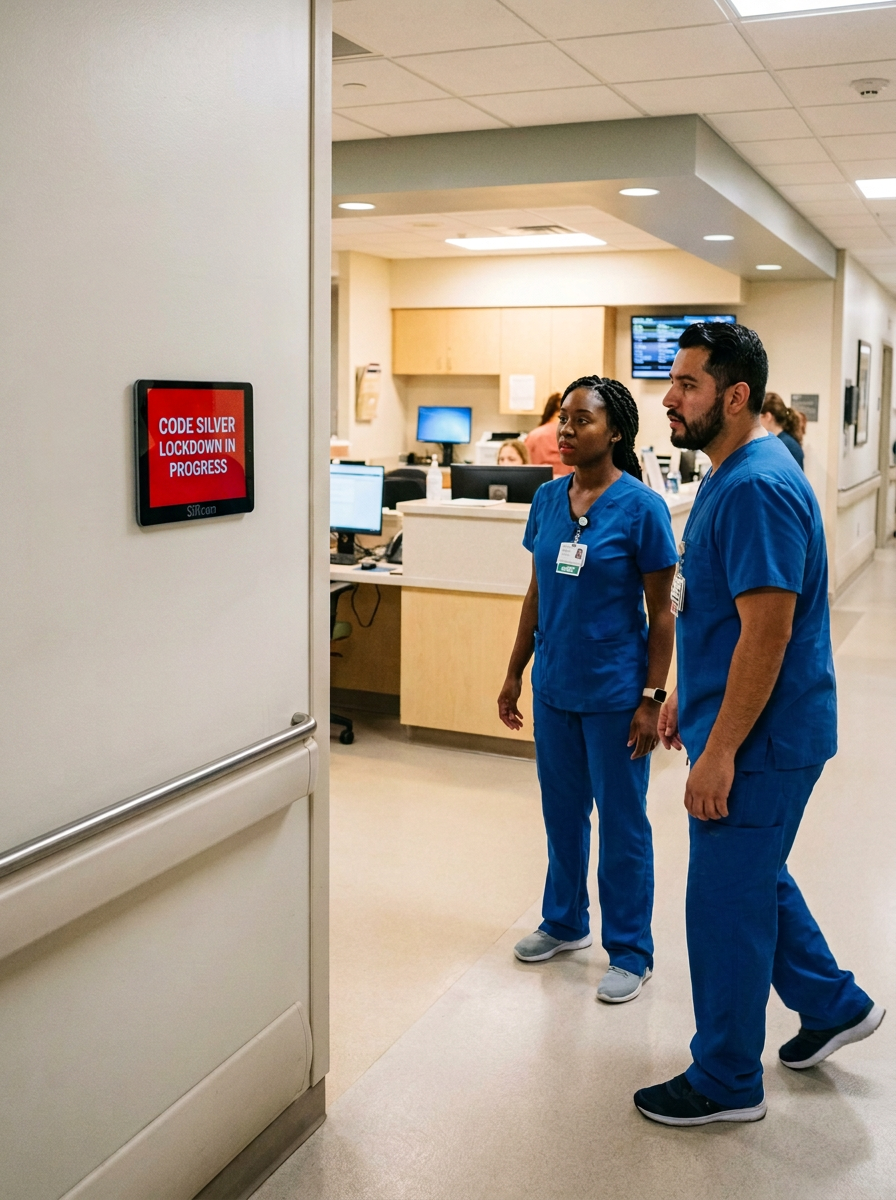 Two nurses in a hospital corridor reading a wall-mounted alert display showing CODE SILVER LOCKDOWN IN PROGRESS