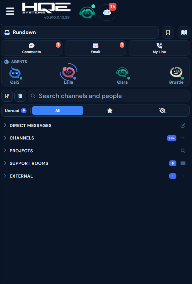 QRM mobile app Rundown screen with Comments, Email, My Line, the QaiS, Laila, Qlara and Qrustie agents, and message channels