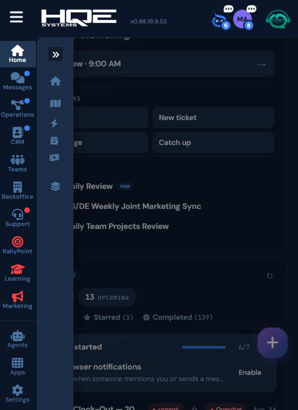 QRM mobile app Home screen with the workspace navigation menu, daily review and task progress